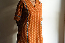 Ikat Handloom Cotton Designer Dress - Brown