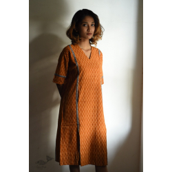 Ikat Handloom Cotton Designer Dress - Brown