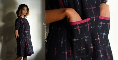 Ikat Handloom Cotton Designer Dress - Black