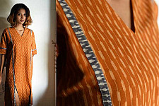 Ikat Handloom Cotton Designer Dress - Brown