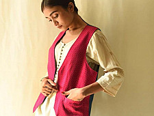 Mashru & Denim Jacket | Reversible - Rani Pink