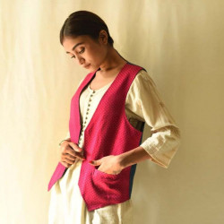 Mashru & Denim Jacket | Reversible - Rani Pink