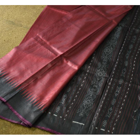 shop Pure Tussar Silk Maroom Saree With Black Border