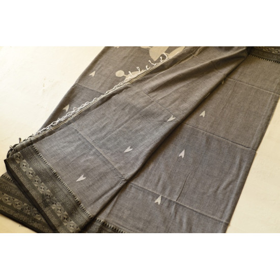 shop Handloom Cotton Grey Saree With Woven Border