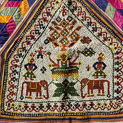 Prachin . प्राचीन  ❂ Gujrat Bead Work - Old & Antique Wall Hanging With Geometric Fabric Border - Laxmi