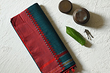 Sadaa . सदा ✡ Begampuri Cotton Rama Green Saree with Red Woven Border