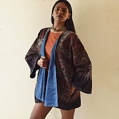 Kimono | Reversible Ajrakh & Denim Cotton Jacket - Black