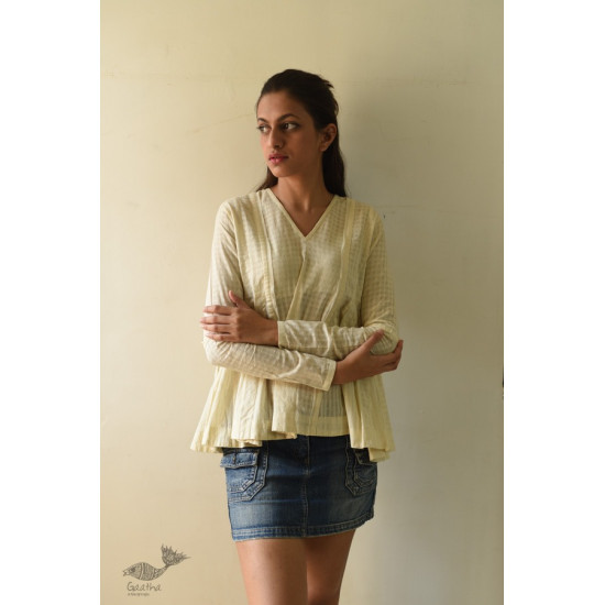 shop Handwoven Off White Cotton Self Checks A-Line Flared Top