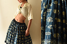 Flowers in a River | Natural Dyed Ajrakh Block Printed - Indigo Skirt