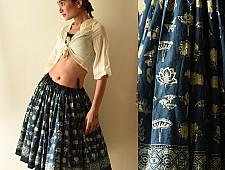 Flowers in a River | Natural Dyed Ajrakh Block Printed - Indigo Skirt