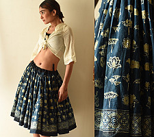 Flowers in a River | Natural Dyed Ajrakh Block Printed - Indigo Skirt