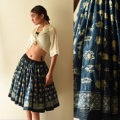 Flowers in a River | Natural Dyed Ajrakh Block Printed - Indigo Skirt