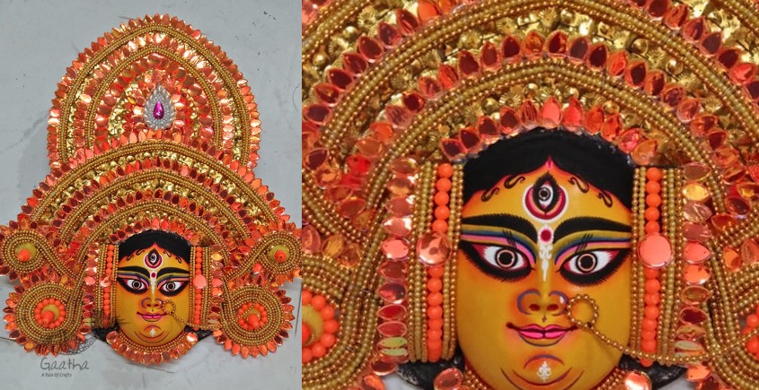 shop handmade chhau mask from bangal - durga orange