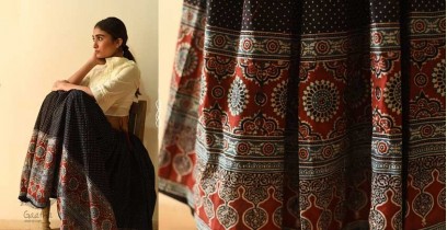 Flowers in a River | Ajrakh printed Long Skirt With Natural Dyed - Black & Red