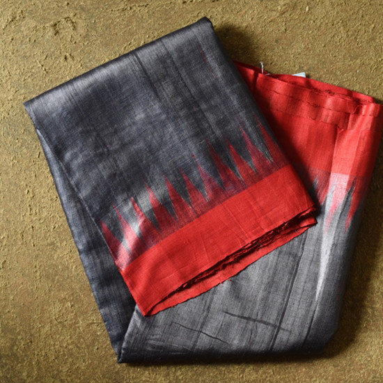 shop Handwoven Pure Tussar Silk Grey Saree With Ikat Pallu