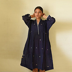 Jamdani - Handloom Cotton Dress - Navy Blue