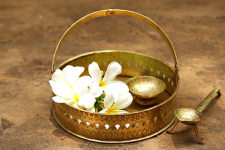 Ahar ✽ Brass ~ Flower Pooja Basket with Diya ( Set of Three ) - 1 ( Round Basket - 6.5" x 6.5" )