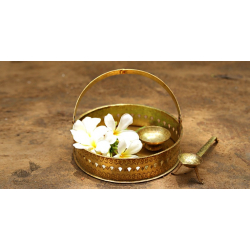 Ahar ✽ Brass ~ Flower Pooja Basket with Diya ( Set of Three ) - 1 ( Round Basket - 6.5" x 6.5" )