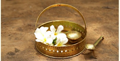 Ahar ✽ Brass ~ Flower Pooja Basket with Diya ( Set of Three ) - 1 ( Round Basket - 6.5" x 6.5" )