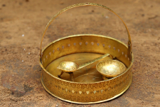 Ahar ✽ Brass ~ Flower Pooja Basket with Diya ( Set of Three ) - 1 ( Round Basket - 6.5" x 6.5" )