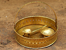 Ahar ✽ Brass ~ Flower Pooja Basket with Diya ( Set of Three ) - 1 ( Round Basket - 6.5" x 6.5" )