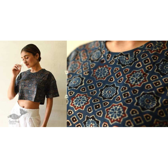 buy Vegetable Dyed Crop Top with Ajrakh Block Print