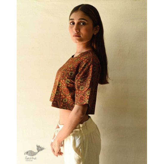 buy Natural Dyed Cotton Crop Top with Ajrakh Prints