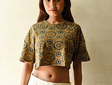 Hand Block Printed ✩ Yellow Cotton Crop Top - Vegetable Dyed Ajrakh Hand Printed