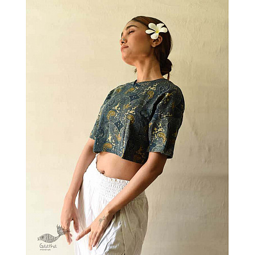 Blue - Block Print Cotton Natural Dyed Ajrakh Crop Top 09 main image 0