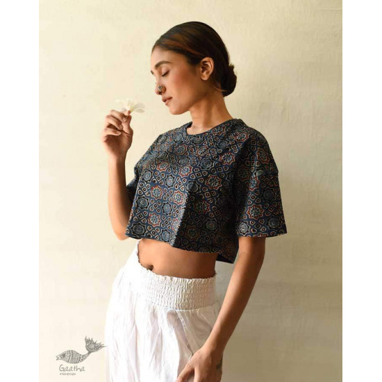 buy Vegetable Dyed Crop Top with Ajrakh Block Print