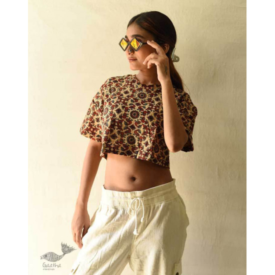 buy Beige ajrakh hand block printed Crop Top