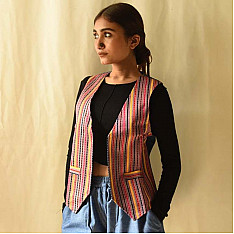 Mashru & Denim Jacket | Reversible Jacket - Multi Color Stripes