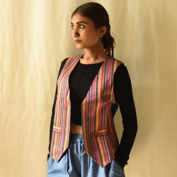 Mashru & Denim Jacket | Reversible Jacket - Multi Color Stripes