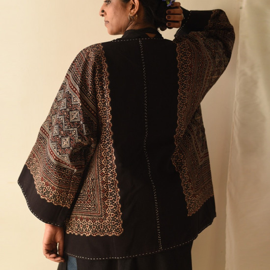 shop Denim & Ajrakh Reversible Cotton Jacket With Kantha Stich