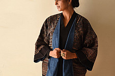 Kimono | Denim & Ajrakh Reversible Cotton Jacket With Kantha Stich