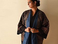 Kimono | Denim & Ajrakh Reversible Cotton Jacket With Kantha Stich