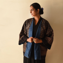 Kimono | Denim & Ajrakh Reversible Cotton Jacket With Kantha Stich