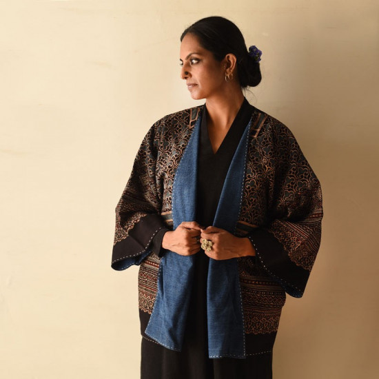 shop Denim & Ajrakh Reversible Cotton Jacket With Kantha Stich