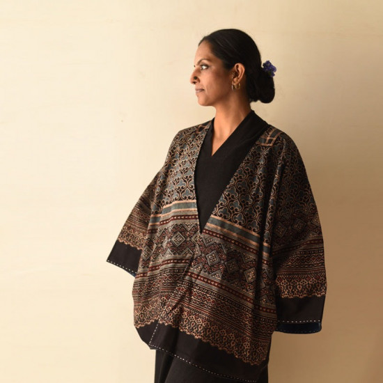 shop Denim & Ajrakh Reversible Cotton Jacket With Kantha Stich