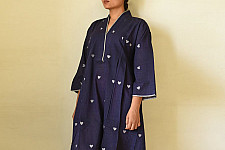 Jamdani Handloom Cotton Navy Blue Dress - Heart Motif