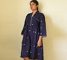 Jamdani Handloom Cotton Navy Blue Dress - Heart Motif