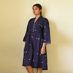 Jamdani Handloom Cotton Navy Blue Dress - Heart Motif