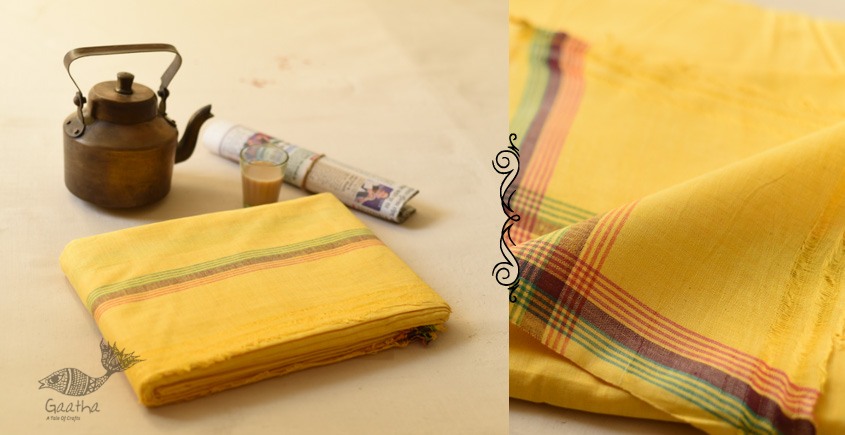 Handloom Cotton Dhoti & Khes Set - Yellow
