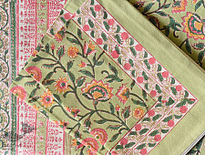 Landscapes Under My Roof ✿ Sanganeri Hand block Printed Double Bedsheet  with Pillow Covers- Light Green