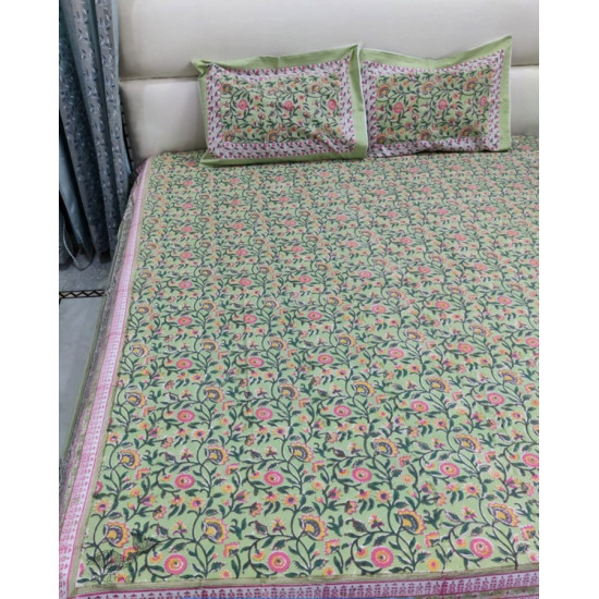 shop Sanganeri Hand block Printed Double Bedsheet  with Pillow Covers- Light Green