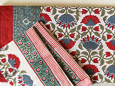 Landscapes Under My Roof ✿ Sanganeri Hand block Printed Double Bedsheet  with Pillow Covers- Red Flowers