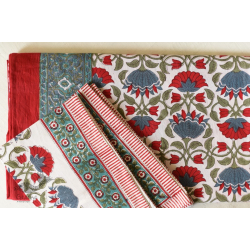 Landscapes Under My Roof ✿ Sanganeri Hand block Printed Double Bedsheet  with Pillow Covers- Red Flowers