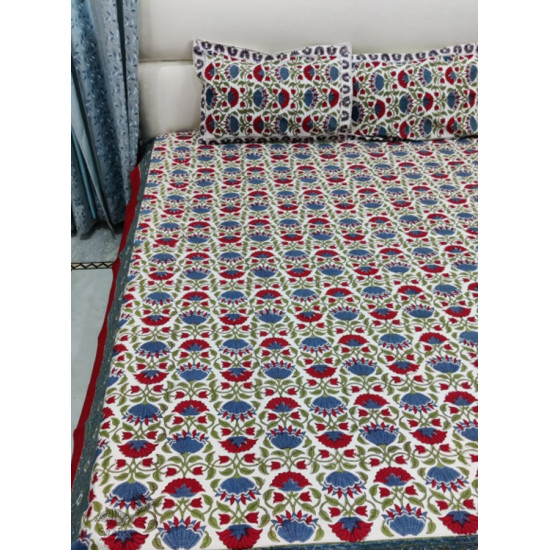 shop Sanganeri Hand block Printed Double Bedsheet  with Pillow Covers- Red Flowers