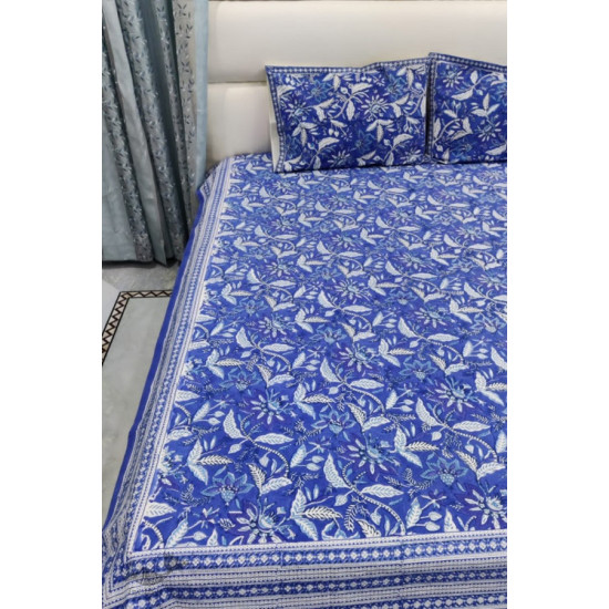 shop Sanganeri Hand block Printed Bedsheet with Pillow Covers- Indigo