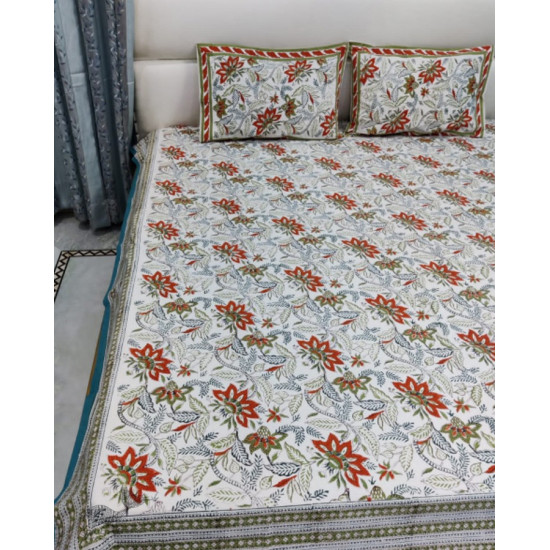 shop Sanganeri Hand block Printed King Size Bedsheet with Pillow Covers